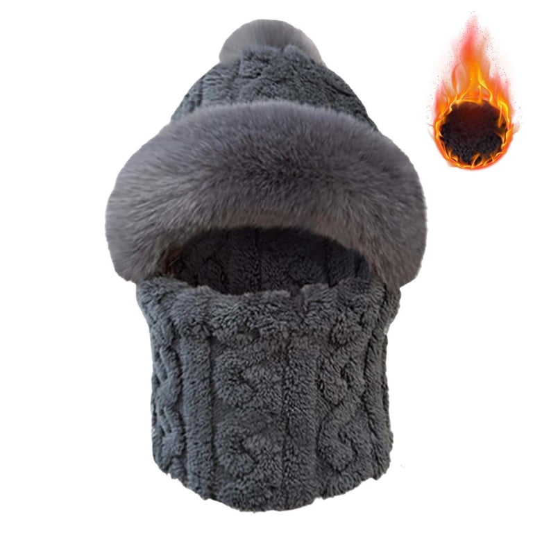 Women\'s Grey Furry Beanie with Pom Pom Winter Warm Knitted Hat Bear Costume Only Moment Winter Hats for Women Grey Beanie Hat With Scarf  main image 2