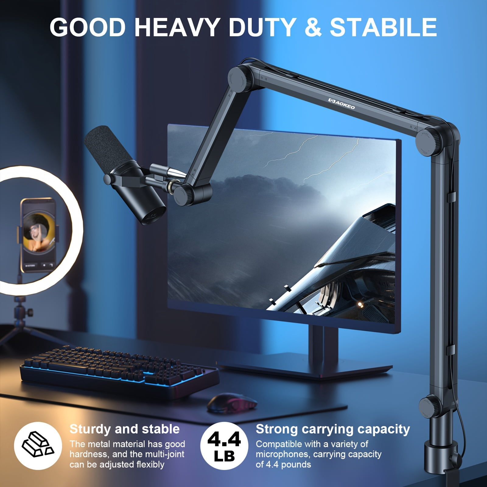 Adjustable Microphone Boom Arm with Cable Management, 3-Section Flexible Cantilever Bracket for Heavy Mics Like Blue Snowball, QuadCast, Elgato Wave - Desktop Clip Mount