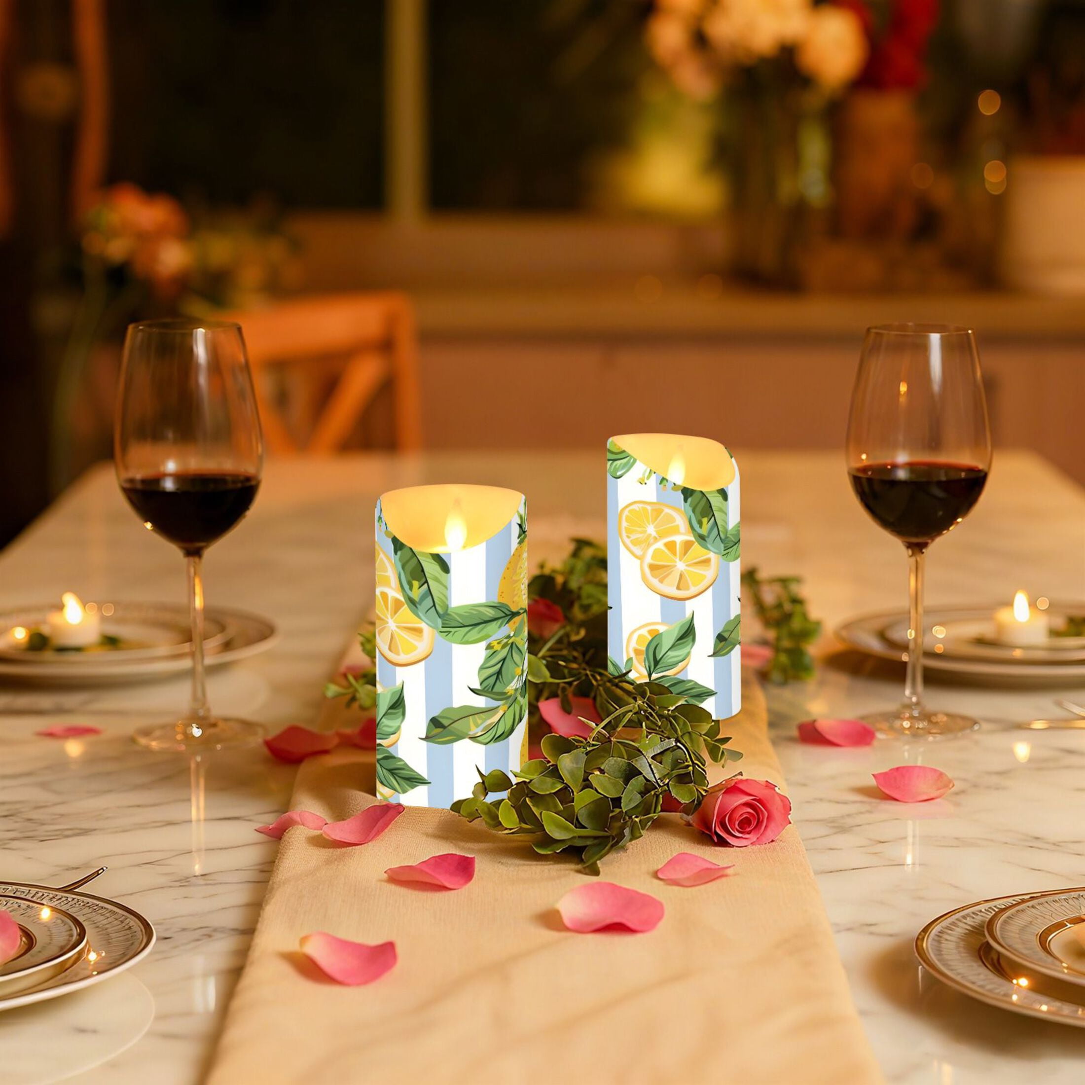 Lemons and Leaves Flickering Flameless Candles with Remote Timer Battery Operated LED Tealight Set of 2 M