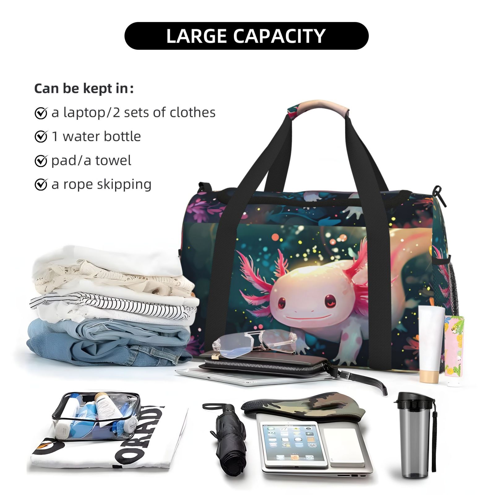 Kuqiui Whimsical Axolotl Fantasy Print Foldable Travel Duffel Bag Tote Carry on Luggage Bag Personal item Sports Gym Bag Water Resistant Weekender Overnight Bags for Women and Men