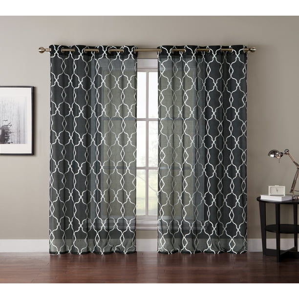 Single (1) Window Curtain Panels: Black Textured Sheer ...