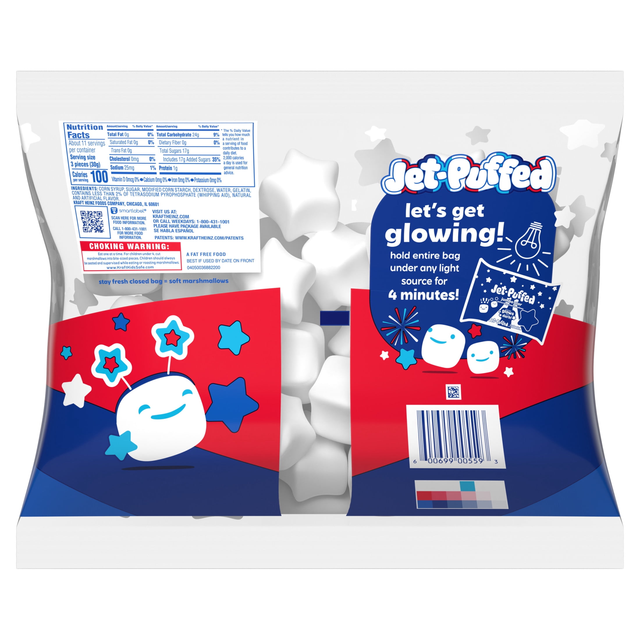 Jet-Puffed Jumbo Star Extra Large Marshmallows, 1 Bag, for S'mores and Americana Snacking, Fat Free, Glow-in-the-Dark Bag, 12 oz