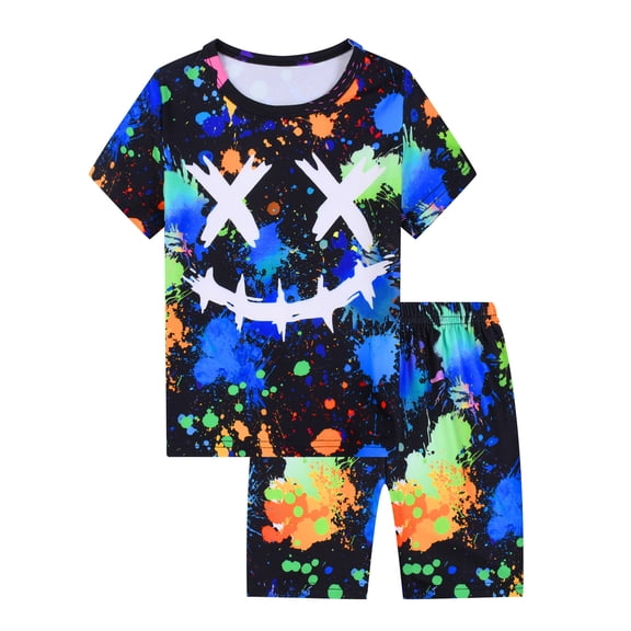 QEFJNO 3-12Y Kids Boys Pajamas Set 2 PCS Short Sleeve Top and Shorts Pants for Toddler Boys Tie-dye Scary Face Pjs Summer