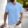 thumbnail image 2 of Timoontee Men's Summer Beach Vacation Shirt Short Sleeve Mock Neck Shirts Solid Quarter Button Pullover Tops Breathable Casual Workout Shirts Light Blue L, 2 of 9