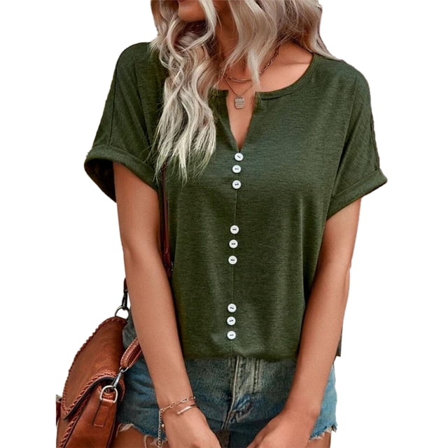 Camiseta verde OD a prueba de verano, transpirable y cómoda, diseño con botones en la parte delantera, talla L, camiseta de manga corta con cuello en V