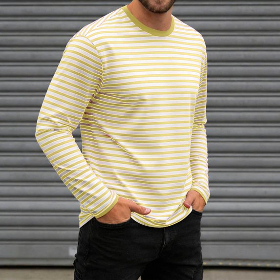 GEWSEY Long Sleeve Shirts for Men, Striped Basic Shirts Long Sleeve Crewneck Color Block Casual Pullover Tops for Spring Summer (Yellow, 3XL)