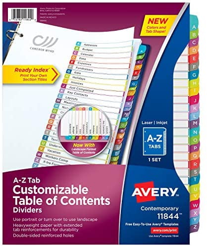 Avery A-Z Tab Dividers for 3 Ring Binders, Customizable Table of Contents, Multicolor Tabs, 1 Set (11844)