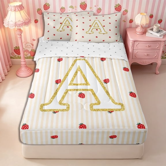 Meiyoeat Cute Gold Letter A Zipper Twin Comforter Sets with Fitted Sheet and 2 Pillowcases, Strawberry Stripe Print Zipper Bedding Set, Beige Red,4-Piece