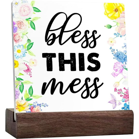 Ceramic Sign 4x4 Inch Humorous Honey Dew Desk Decor Home Decoration Bless This Mess Ceramic Plaque Table Desk Decor For Newhouse Home Shelf Table Decoration Plaque with Wooden Stand Gift For Women Men