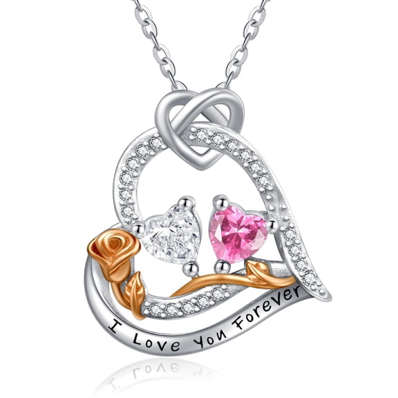 TANGPOET Sterling Silver Rose Heart Necklaces Pendant Jewelry CZ Tourmaline April October Birthstone Necklace Anniversary Jewelry Gifts for Women