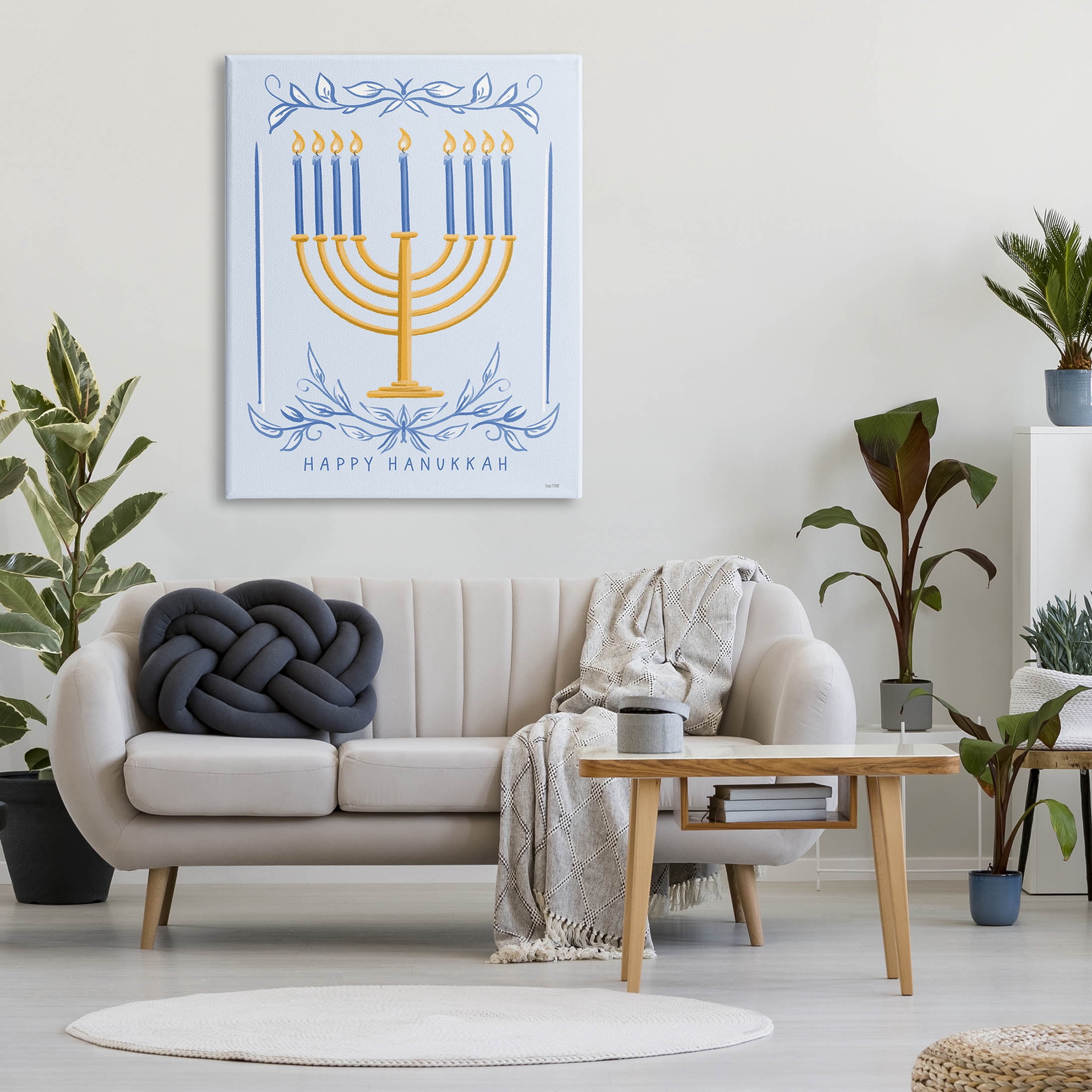 Happy Hanukkah Botanical Menorah Holiday Graphic Art Gallery Wrapped Canvas Print Wall Art