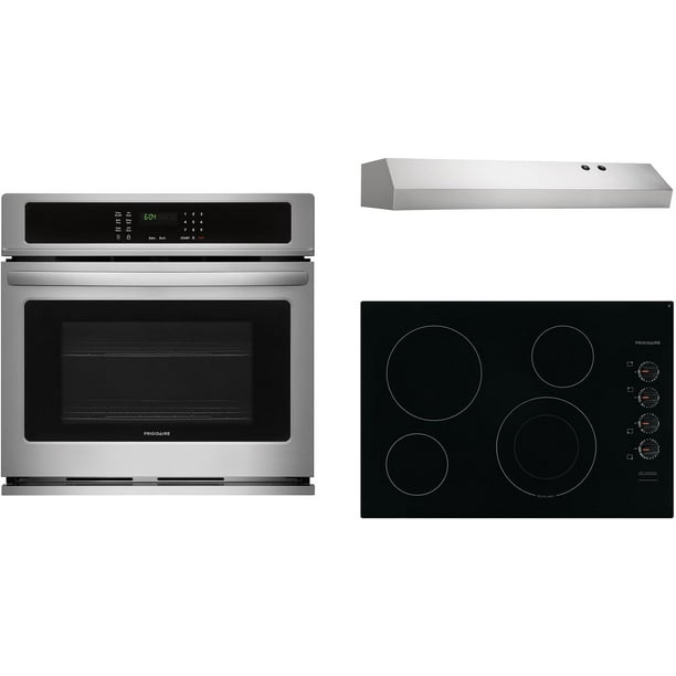 Frigidaire 3 Piece Kitchen Appliances Package With Ffew3026ts 30 Electric Single Wall Oven Ffec3025ub Smoothtop Cooktop And Fhwc3025ms Under Cabinet Convertible Hood In Stainless St Com - Best 30 Single Electric Wall Oven