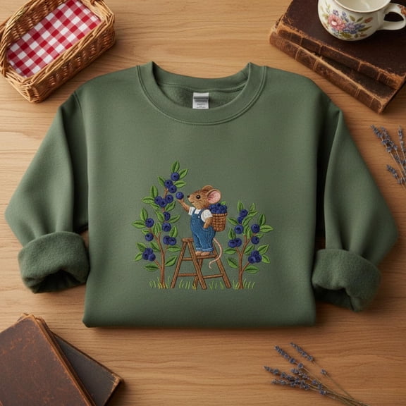 Woodland Mouse Embroidery Sweatshirt Cottagecore Fall Sweater Cozy Autumn Forestcore Animal Design Cute Harvest Style Vintage Pullover