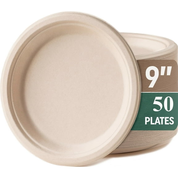 Disposable Plates, Sturdy and Durable Compostable Paper Plates - Heavy Duty, Eco-Friendly, Biodegradable, Unbleached, Sugarcane Bagasse Dinner Plate, 50-Pack 9 Inch