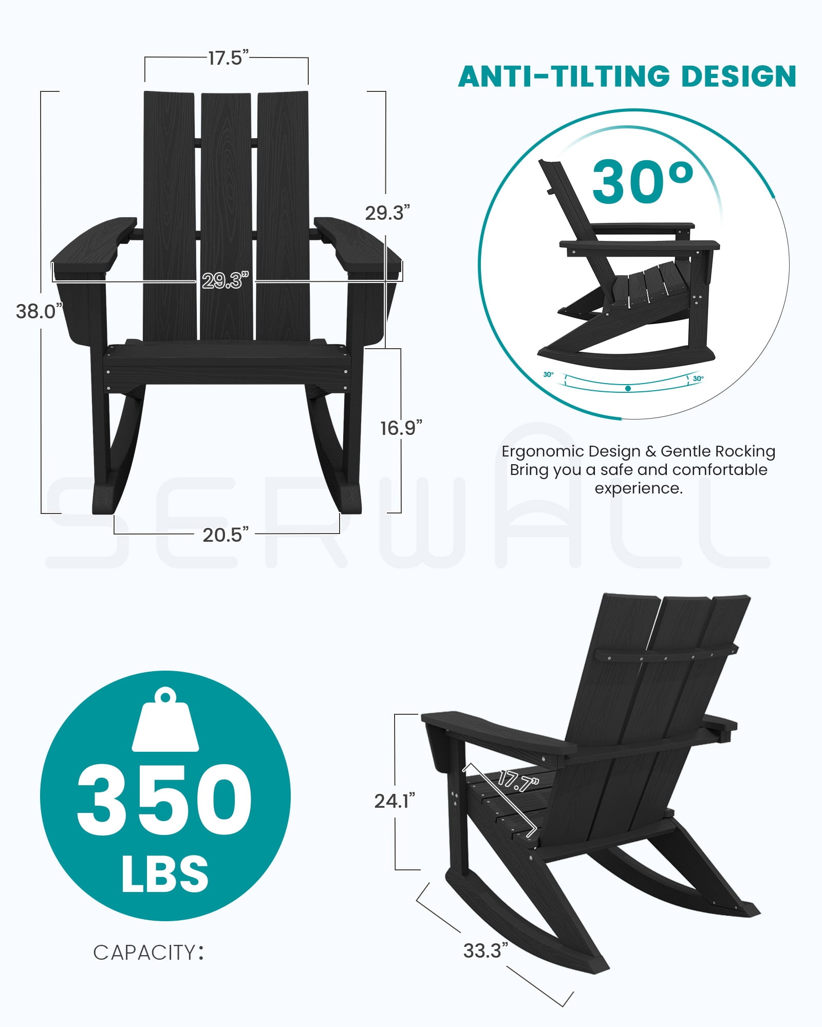 SERWALL Modern Adirondack Rocking Chair, HDPE Outdoor Rocking Chair for Patio, Garden, Backyard, Black