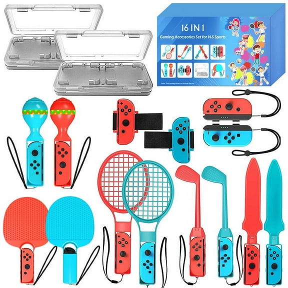 16 in 1 Switch Sports Accessories Bundle, Family Accessories Kit for Switch/OLED Sports Games: Tennis Rackets, Golf Clubs, Soccer Leg Straps, Sword Grips