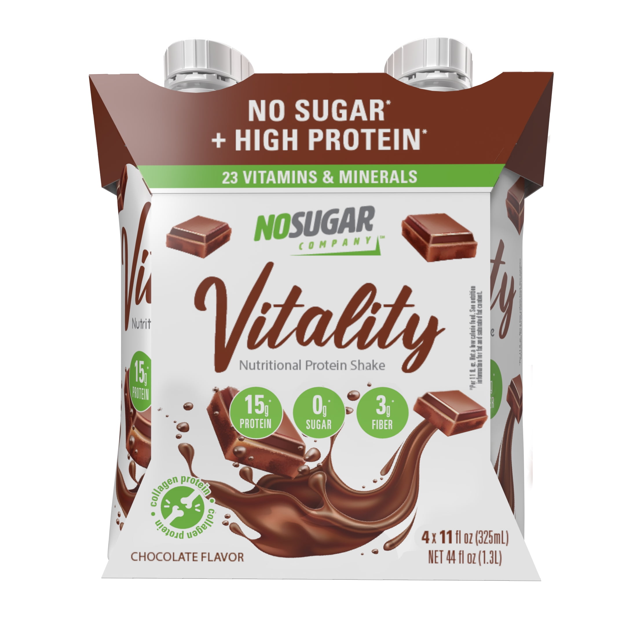 (2 pack) No Sugar Company Vitality Ready to Drink Nutritional Shake, Chocolate Flavor, 4 Count, 11 fl oz