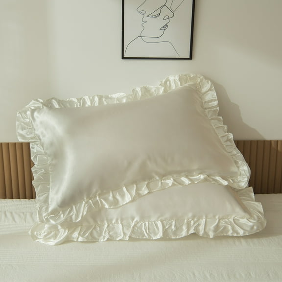 MOVE OVER White Ruffle Pillowcases King, Silky Satin Pillow Cover Set of 2, Luxury Satin Ruffle Pattern, 2 Pack