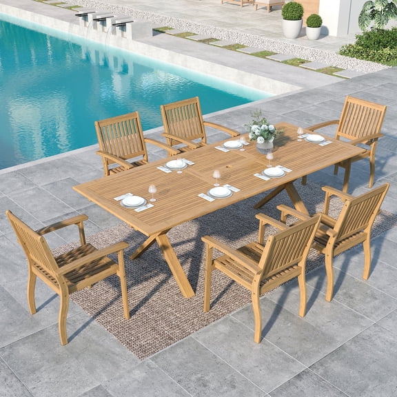 SUMMIT LIVING 7-Piece Acacia Wood Outdoor Patio Dining Set with 6 Wooden Chairs & Expandable Wooden Dining Table with Umbrella Hole for 6 Person