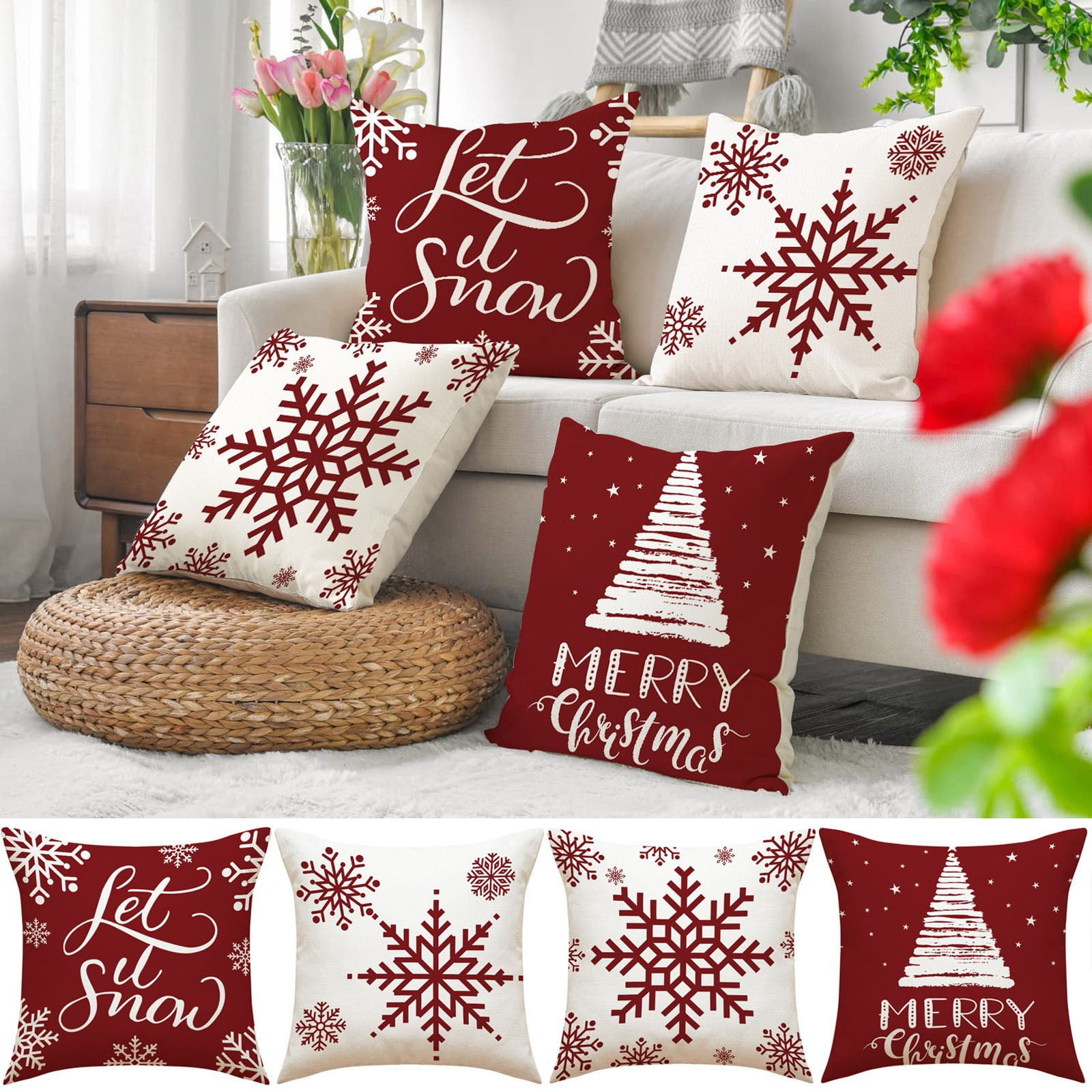 Christmas Pillow Covers 18x18 Set of 4 Cushion Decoration Christmas Pillow Cover Holiday Decor Throw Pillow Case for Sofa Couch Office Bedroom