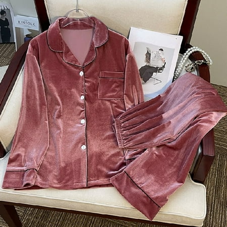 

PIKADINGNIS WAVMIT Winter Button Cardigan Womens Flannel Warm thicken Long Sleeve Pajamas Set Women Sleepwear Set Gold Velvet Homewear