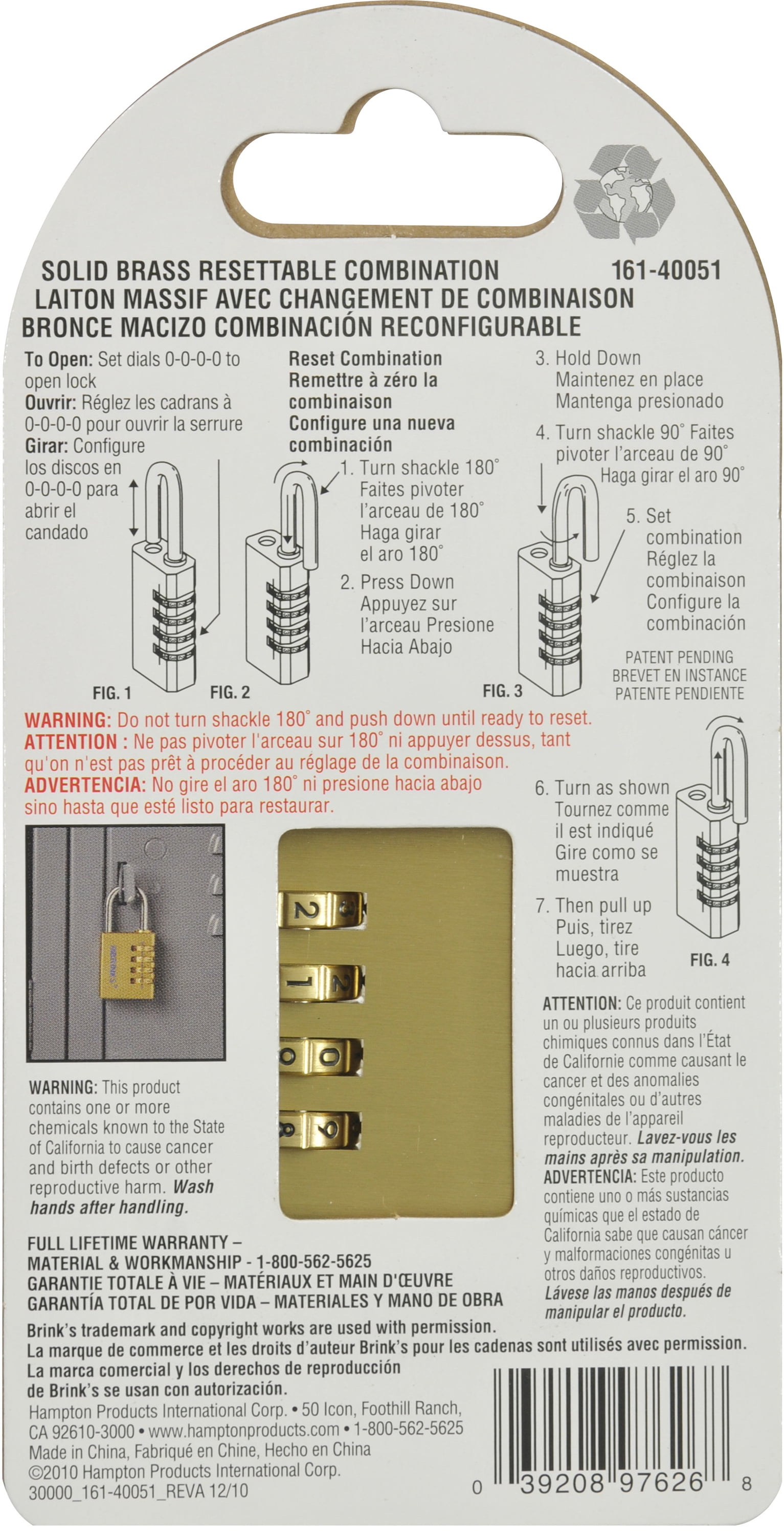 (4 pack) Brinks Solid Brass 40mm Resettable Combination Padlock with 1 3/16in Shackle