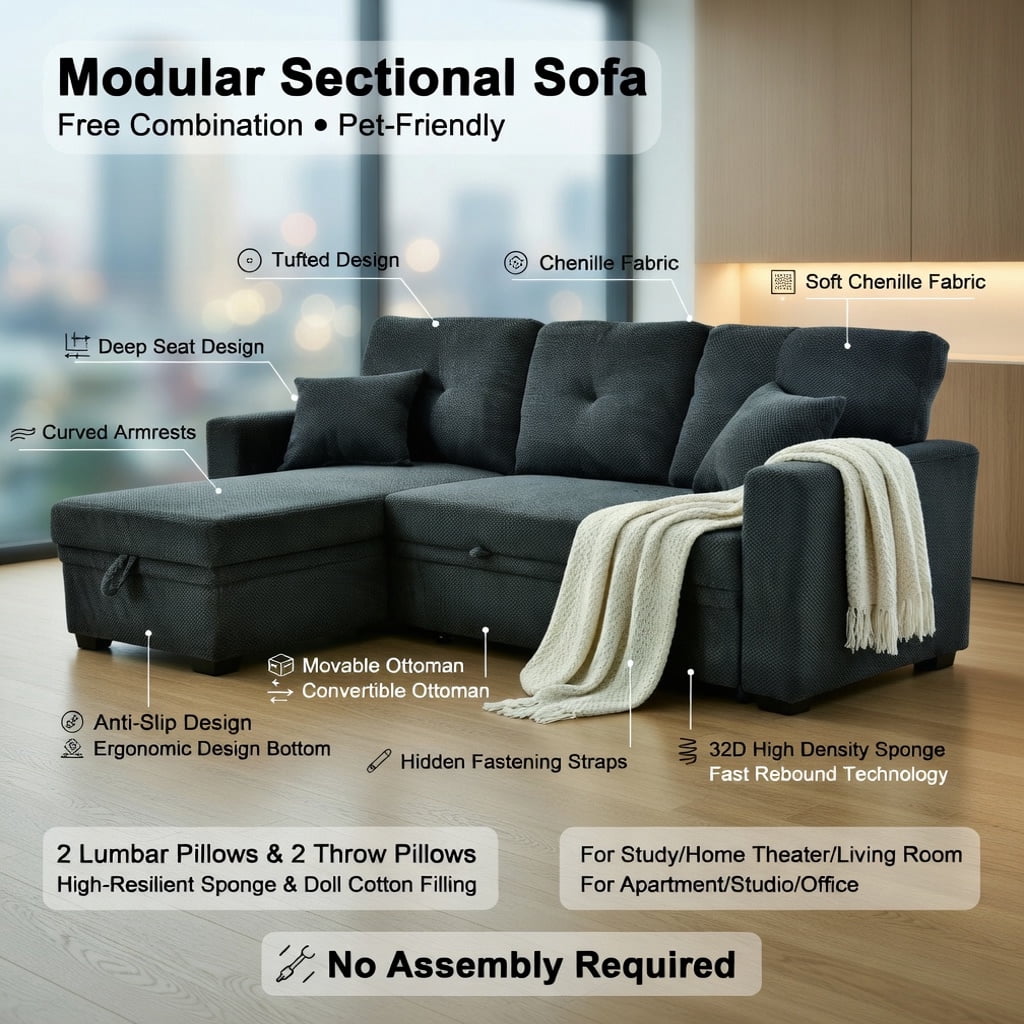 Hommoo Mid-Century Modern Sectional Sleeper Sofa with Pull-Out Bed, Reversible Chaise & Hidden Storage, L-Shaped Convertible Sofa Bed for Small Spaces, Dark Gray