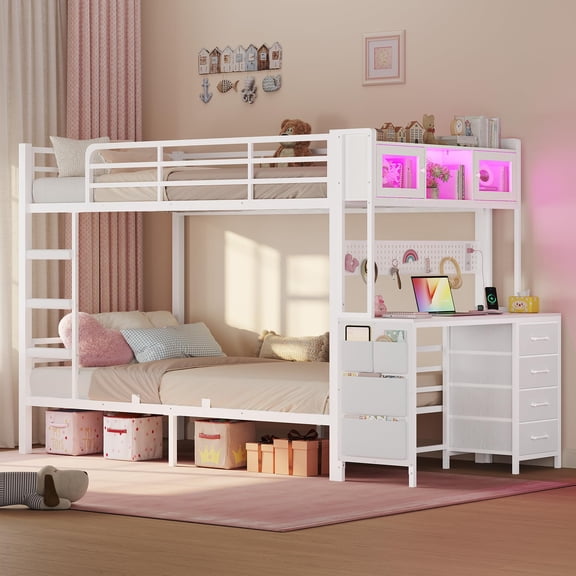 Plonmago Twin Over Twin Bunk Bed with Desk,Twin Size Bunk Beds with LED Light & Charging Station,Metal Bed with Safety Guardrail,Ladder,Space Saving,White