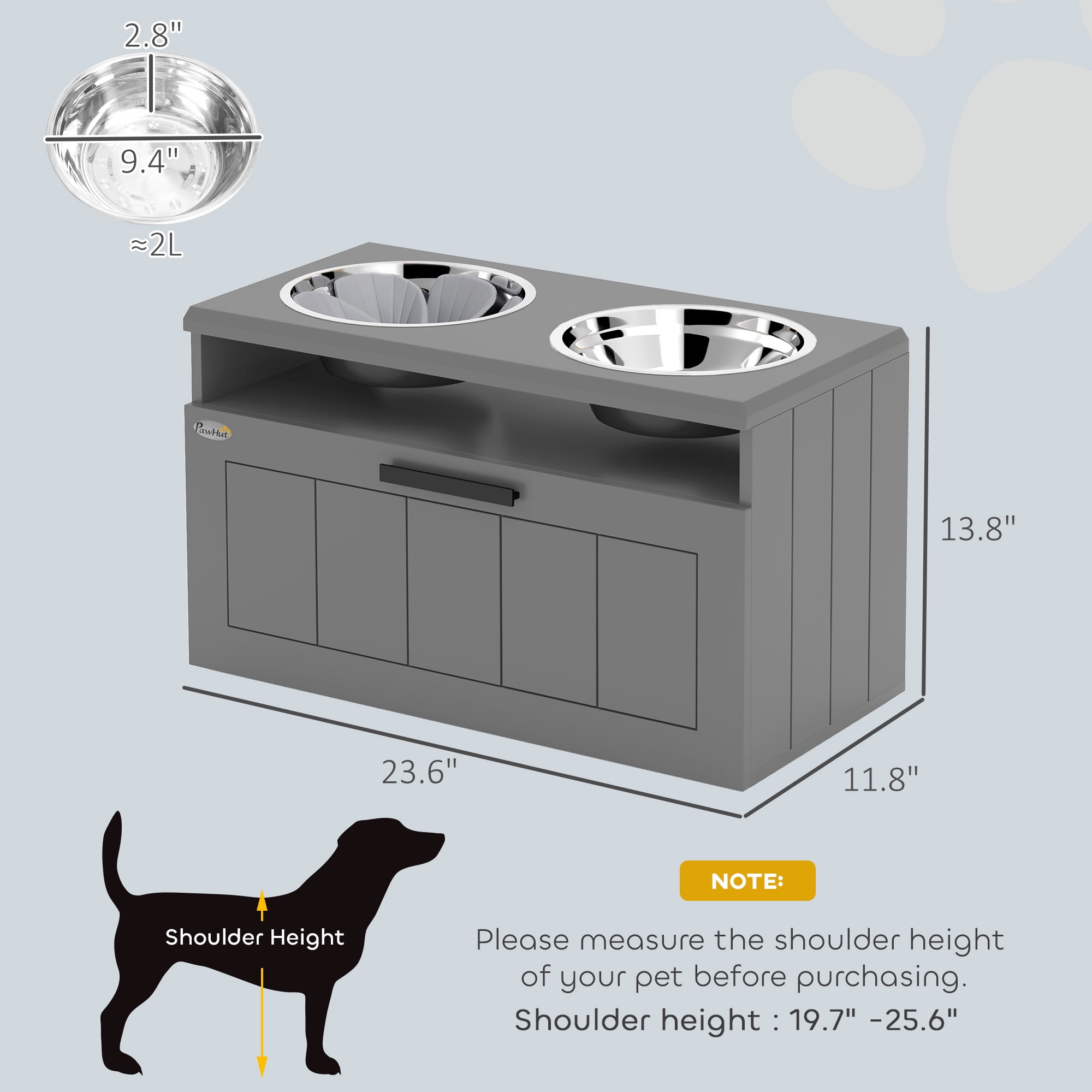 PawHut Elevated Dog Bowls, Raised Dogs Bowl Stand with 2 Stainless Steel Bowls, 25L Storage Drawer and Slow Feeder Mat