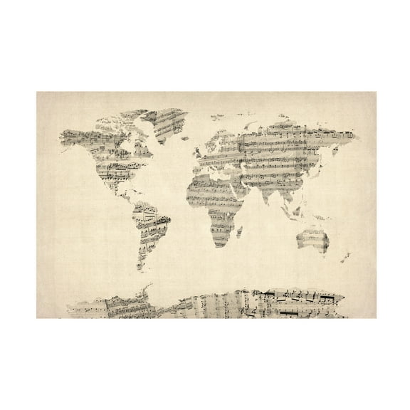 Trademark Fine Art Michael Tompsett Old Sheet Music World Map Canvas Wall Art - 22x32