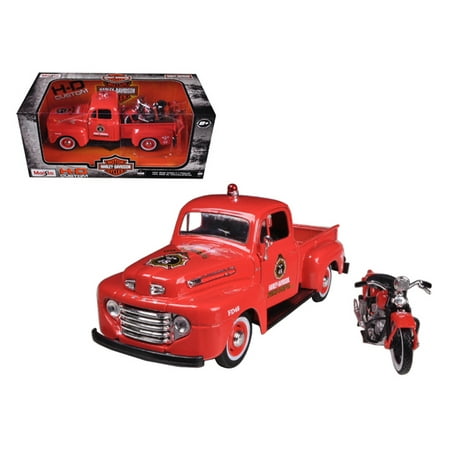 1948 Ford F-1 Pickup Truck Harley Davidson Fire With 1936 El Knucklehead Harley Davidson Motorcycle 1/24 Diecast Model by