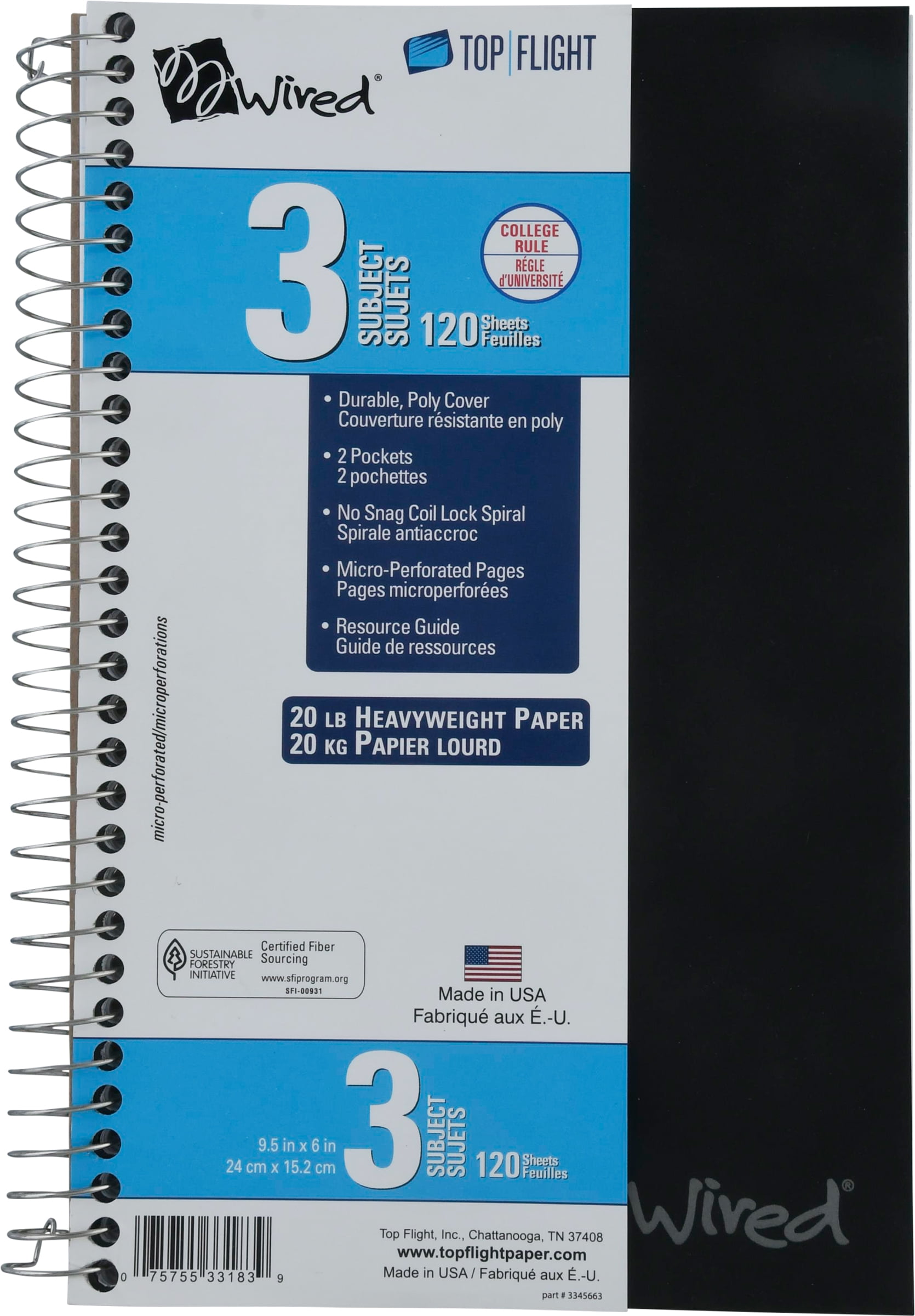 Top Flight Wired 3-Subject Wirebound Notebook with 4 Pockets, 120 Sheets, College Rule, 9.5 x 6.375 Inches, 1 Notebook, Cover May Vary (33183)
