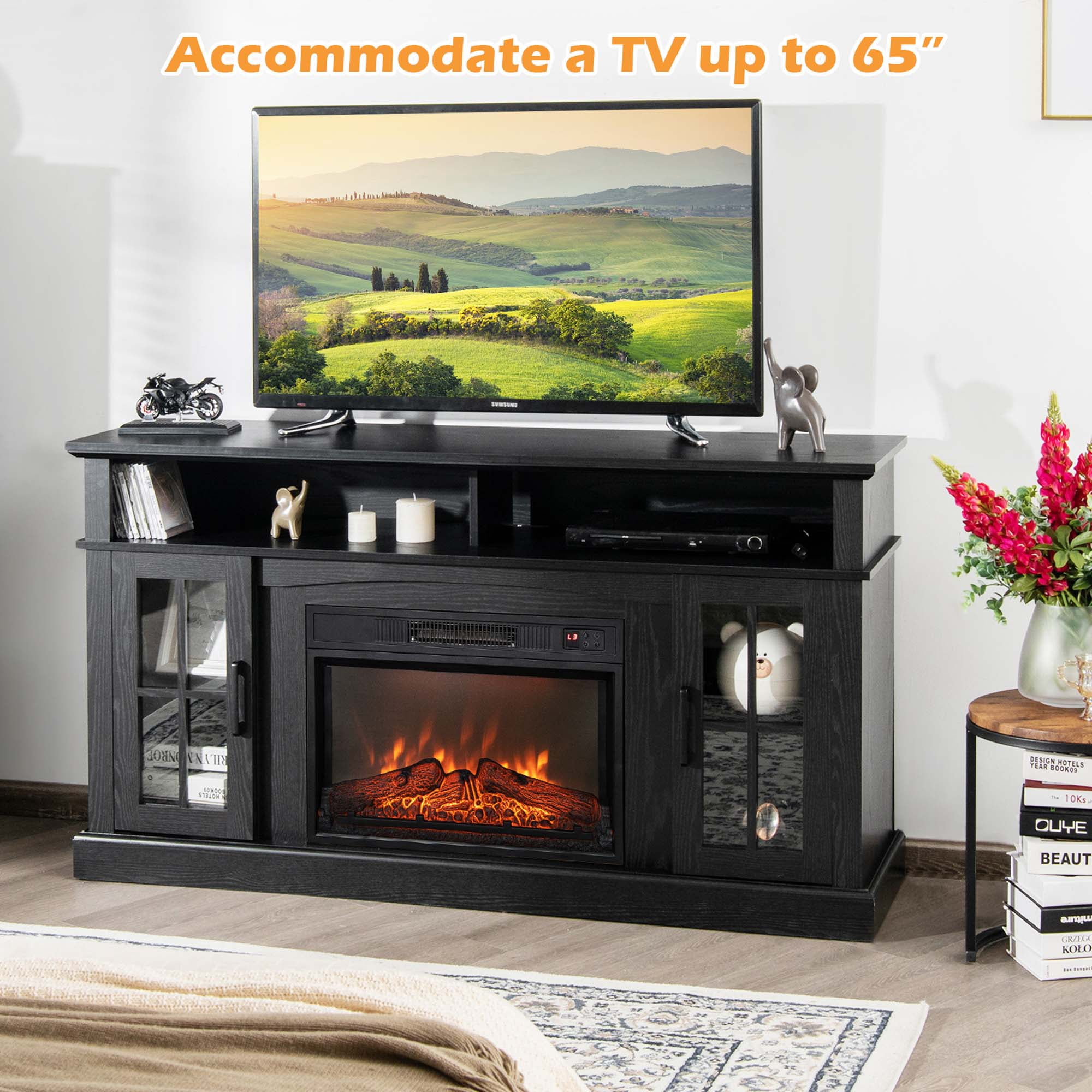 Costway 58'' Fireplace TV Stand W/ 1400W Electric Fireplace for TVs up to 65 Inches Black
