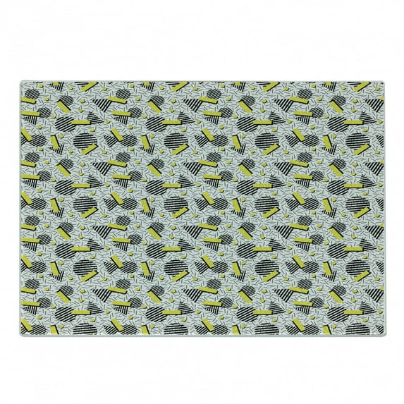 Geometric Cutting Board, Line Art with Circle Triangles and Chevron Zigzags Vintage Art Print, Decorative Tempered Glass Cutting and Serving Board, Small Size, Yellow Black White, by Ambesonne