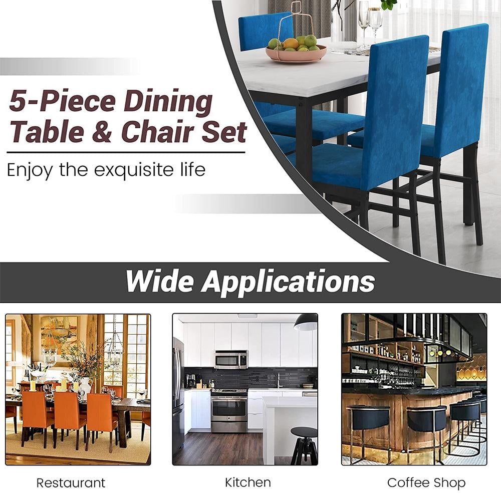 5 Piece Kitchen Dining Table and Chair Set, Dining Room Table Set with Faux Marble Table Velvet Padded Chairs, Rectangle Dining Table Set for 4, Dinette Set for Kitchen Dining Room Small Space