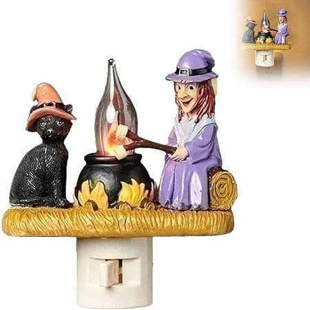 

Cat And Witch Flickering Nightlight 3D Cat And Witch Fire Night Light Lighted Halloween Witch Roasting S At Faux LED Night Light Plu