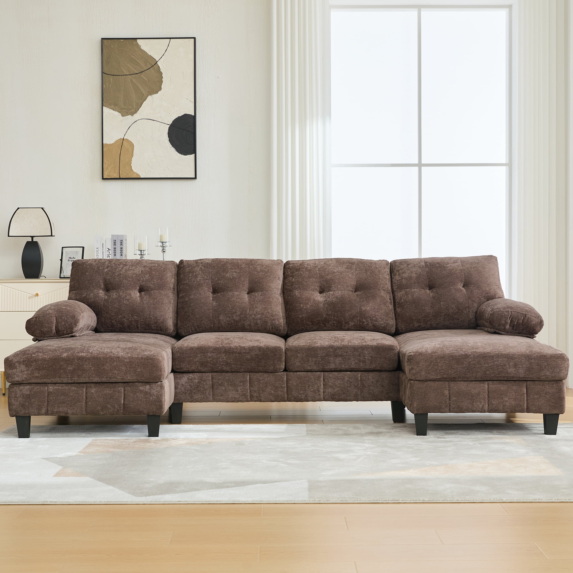 Euroco U-shaped Sectional Sofa 103.5" Chenille Fabric Couch with Dual Chaise Lounges, Storage Pockets and Armrest Pillows for Living Room, Brown