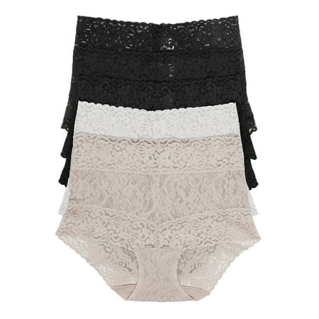 Felina | Signature Stretchy Lace Hi-Waisted Boyleg Panty 5-Pack (Black White Bare  Small)