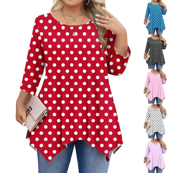Jsaierl 3/4 Length Sleeve Plus Size Tops for Women Summer Round Neck Shirts Dressy Solid Petite Blouses Classic Holiday Tunic Top L-4XL