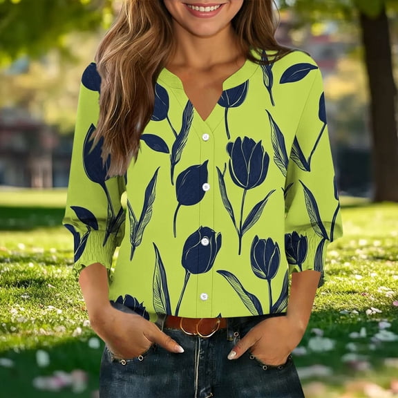 Jsaierl Womens 3/4 Length Sleeve Cardigans Plus Size Button Down Open Front Shirts Boho Print Petite Blouses Workout Cotton Tunic Tops S-2XL