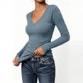thumbnail image 2 of Womens Ribbed Knit Long Sleeve Tops V Neck Slim Fit Solid Color Soft Stretchy Lightweight Breathable Casual Basic Trendy Comfortable Fall Winter Pullover Tops, 2 of 8