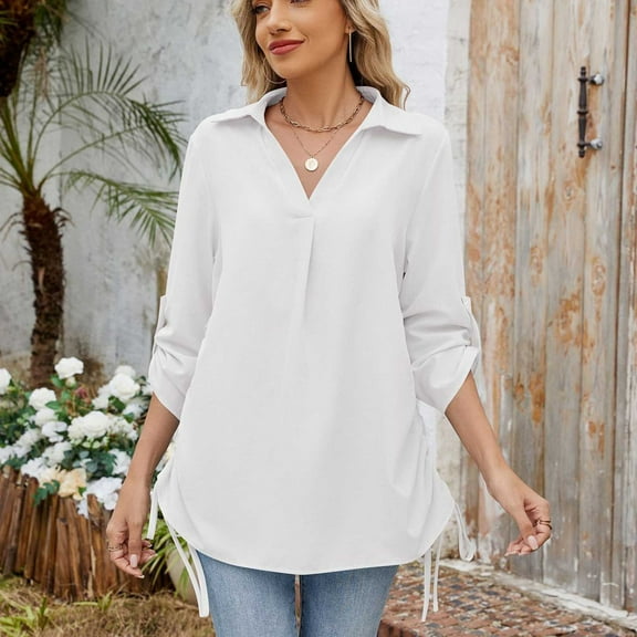 tarylea Womens Tops 3/4 Sleeve Turn down Collar V Neck Shirts Side Drawstring Curved Hem Blouse Casual Loose Pleated Tops
