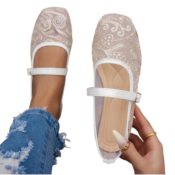 Purcolt Women's Mesh Mary Jane Shoes Comfort Breathable Sequin Embroidery Square Toe Slip on Ballet Flats Casual Elegant Cushion Sole Dress Shoes with Buckle Strap