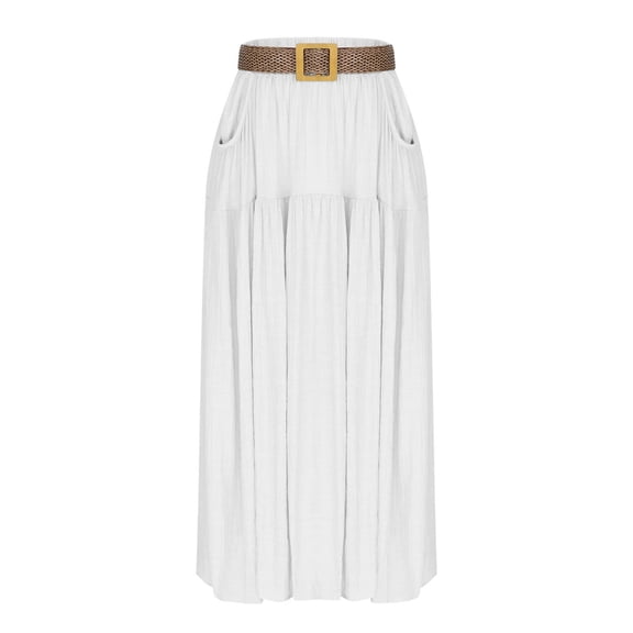 Mifsaly Maxi Linen Skirts for Women Tiered High Waisted Summer Flowy Skirt Boho Beach Vacation Everyday Office Clothes with Belt and Pockets L
