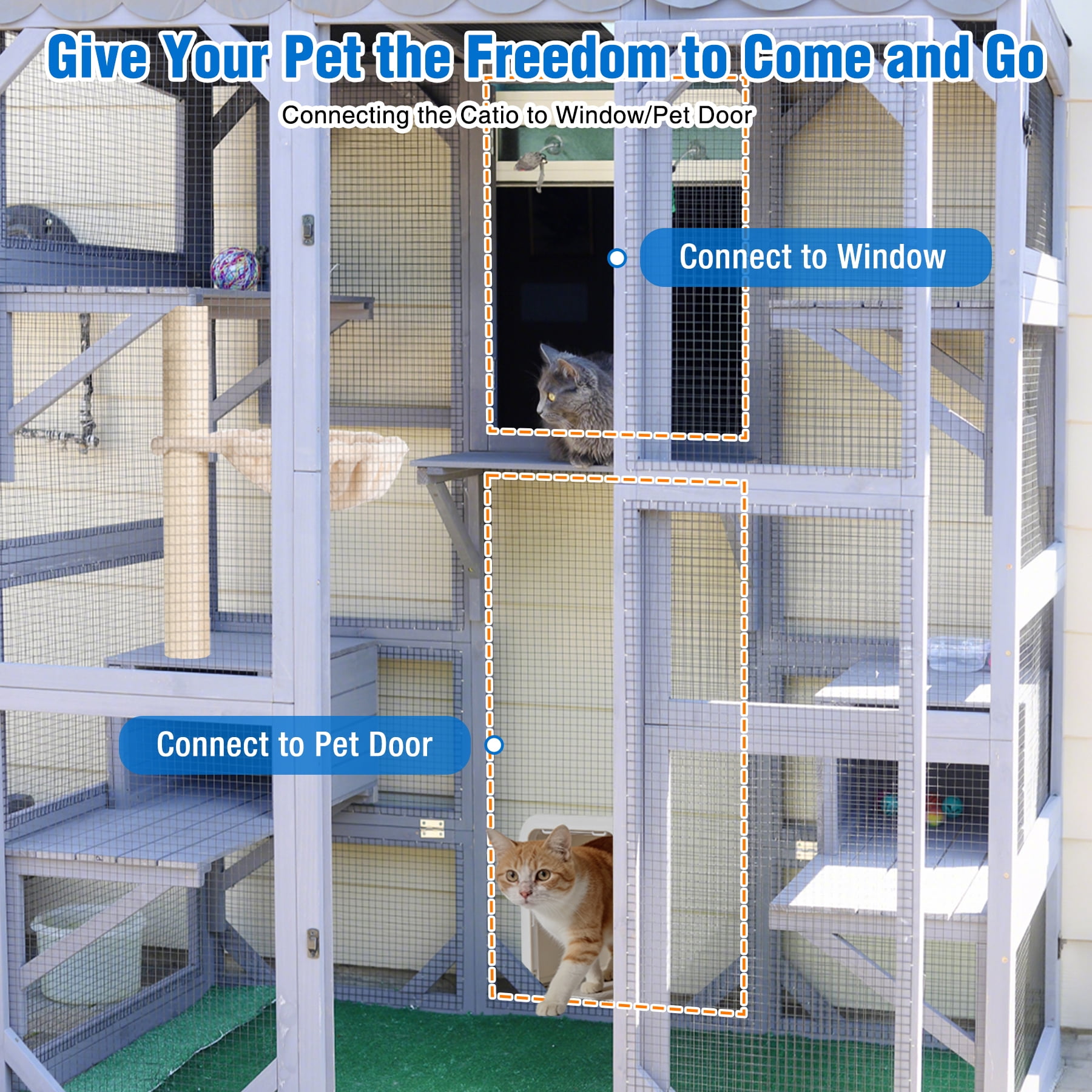 Suumerpety Catio Outdoor Cat Enclosure 70" Large Wooden Cat House with Weatherproof Roof & 7 Platforms & 2 Condons Window Catio for Indoors and Outdoors Gray