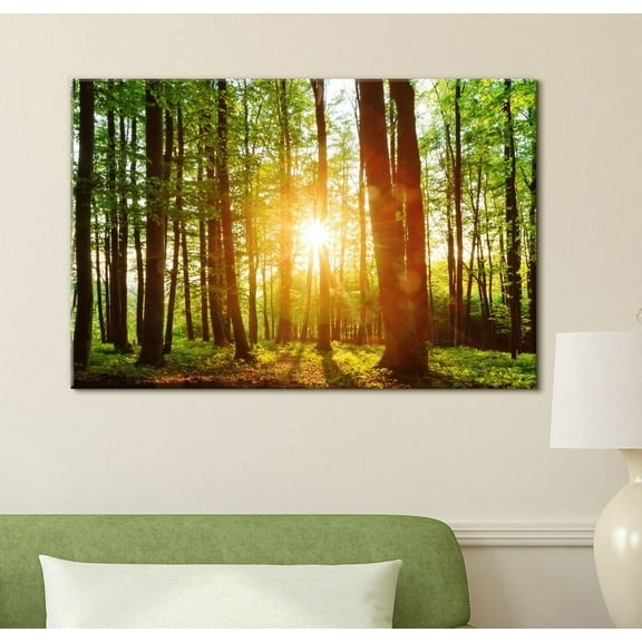 wall26 Canvas Print Wall Art Sunrise Over The Green Forest Nature Wilderness Photography Modern Art Rustic Scenic Colorful Multicolor for Living Room, Bedroom, Office - 16"x24"