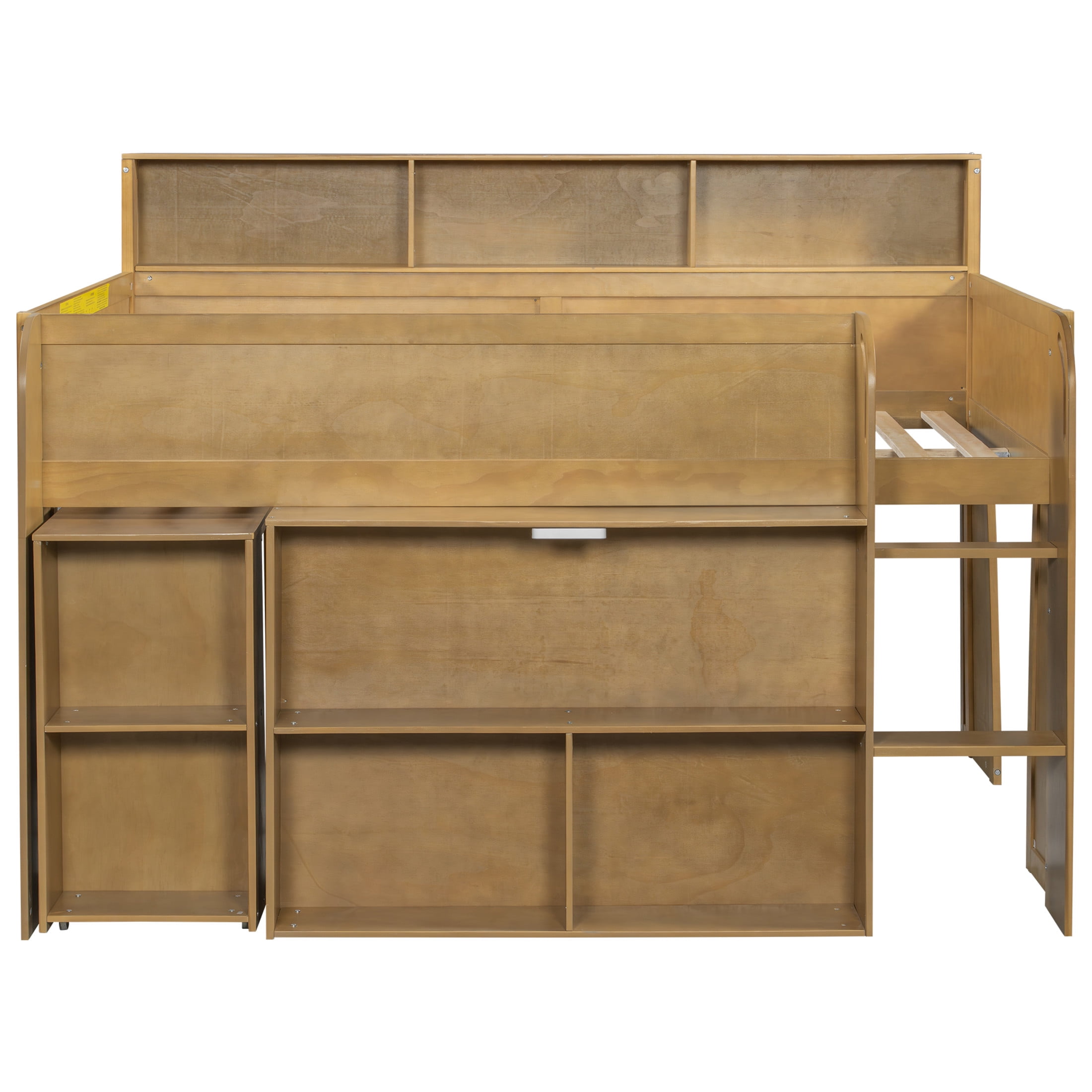 Noble House Nerwin Full Size Solid Wood Loft Bed with Built-in Desk, Storage Shelves and LED Lighting, Walnut