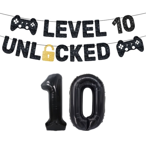 10th Level Unlocked Game Themed Party Decorations Set - Black & Gold Milestone Celebration Supplies