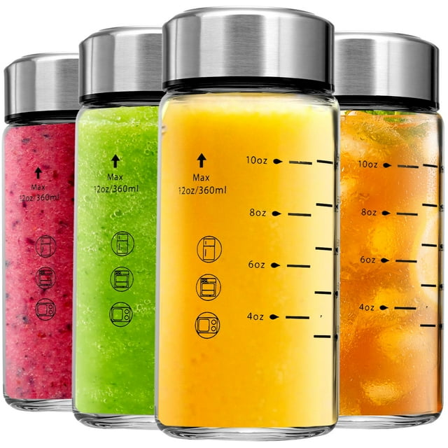 Botellas de jugo de vidrio Chunmo, 350 ml, paquete de 4 con tapas de acero inoxidable