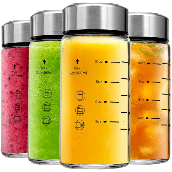 Botellas de jugo de vidrio Chunmo, 350 ml, paquete de 4 con tapas de acero inoxidable